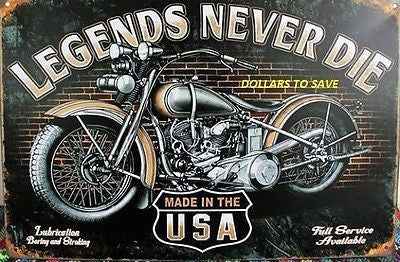 Tin Sign Legends Never Die Metal  Wall Art Vintage Rustic Store Motorcycle