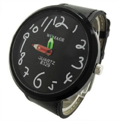 Big Case Pencil Pointer Girls Quartz Woman's Leather Band Wrist Watch