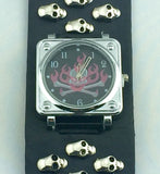 Black Punk Rock Gothic Skull Skeleton Red Fire Square Dial Quartz Wrist Watch