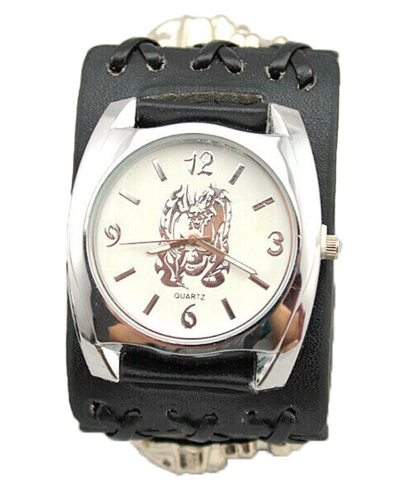 100%Genuine Leather Band Skull Design Band Punk Watch,Precise Quartz Movement