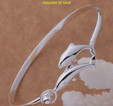 925 Sterling Silver Double Dolphin Bangle Bracelet