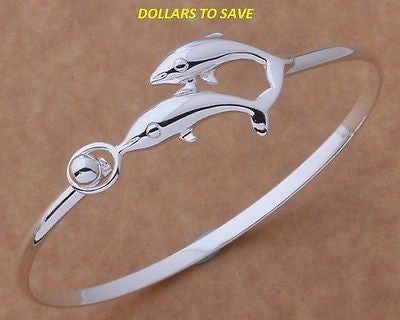 925 Sterling Silver Double Dolphin Bangle Bracelet
