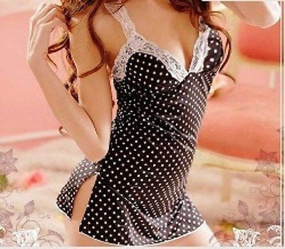 S – M Woman's Black Sexy Dots Costume  Lingerie Night Sleep Lace Night Dress
