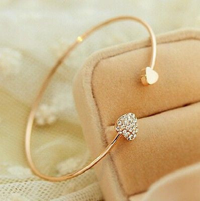 Ladies Fashion Chic Gold Plated Rhinestone Heart Shape Cuff  Bracelet Bangle