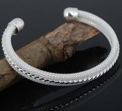Silver Plated Edge Mesh Open Bangle Bracelet Cuff For Women