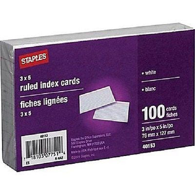 Staples White  3 X 5 Ruled Index Cards