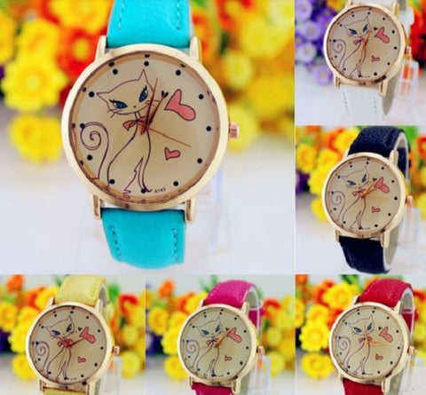 Cat Style Woman's Watch/Faux Leather Strap Band Analog Quartz Wrist Watch