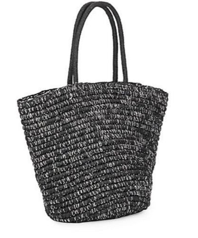 Saks Fifth Avenue Black Paper Straw Tote 11", 15", 6", Large and Strap Drop 10.5